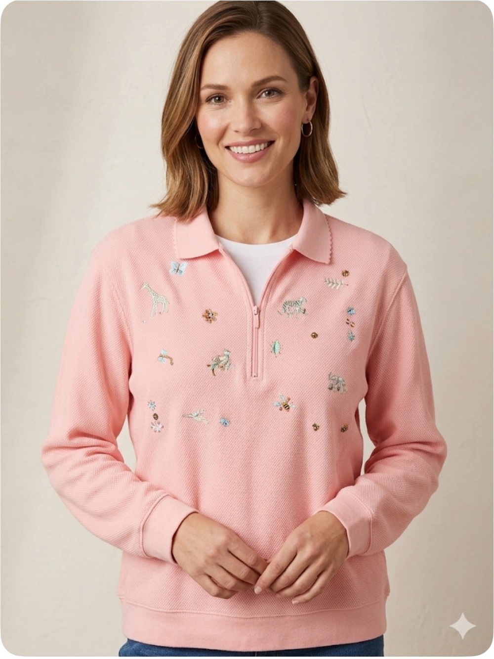 KORET FRANCISCA Cottagecore Quarter-Zip Pullover, Women’s L, Salmon